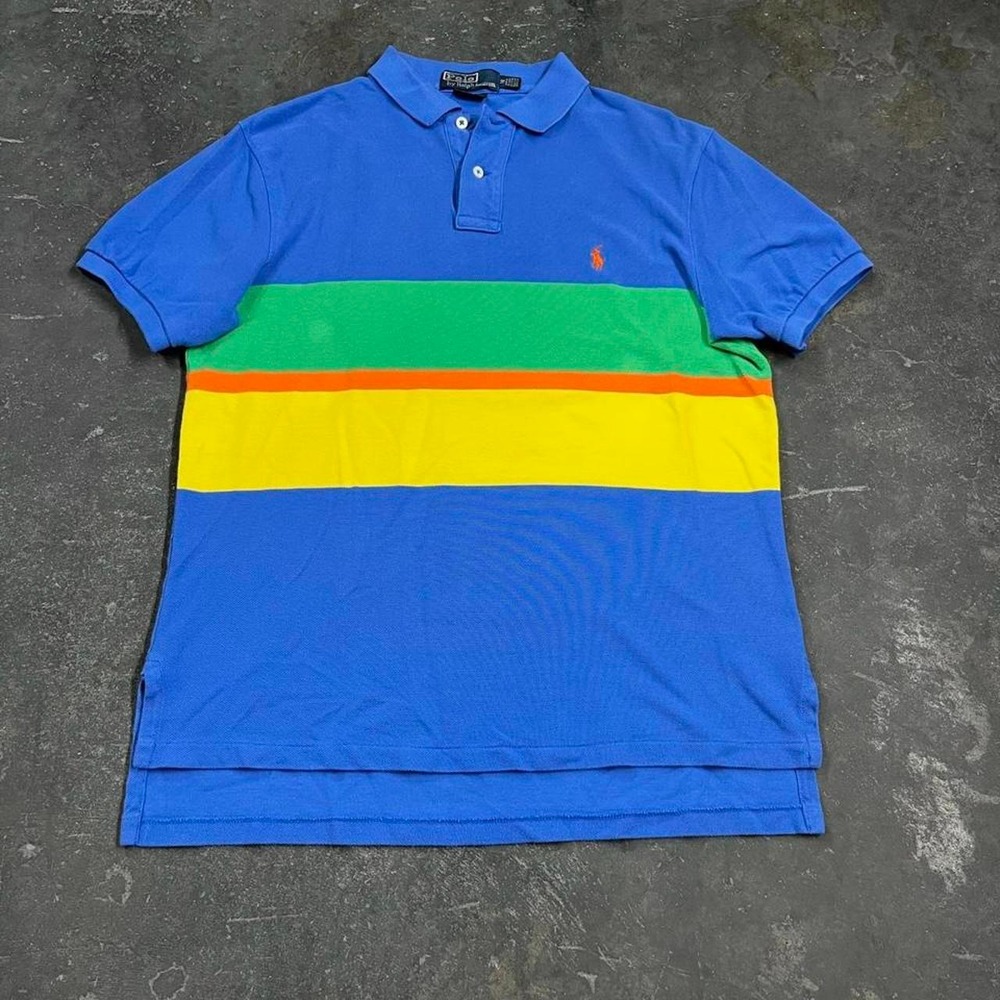 Polo Ralph Lauren Striped Polo Shirt Mens Medium Blue Y2K Custom Fit Bold Stripe